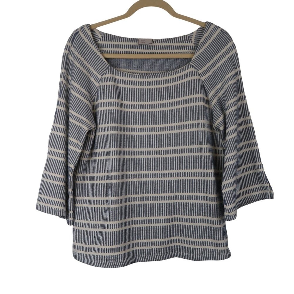 Postmark Anthropologie M Striped Blue White 3/4 Bell Sleeve Top Square Neck